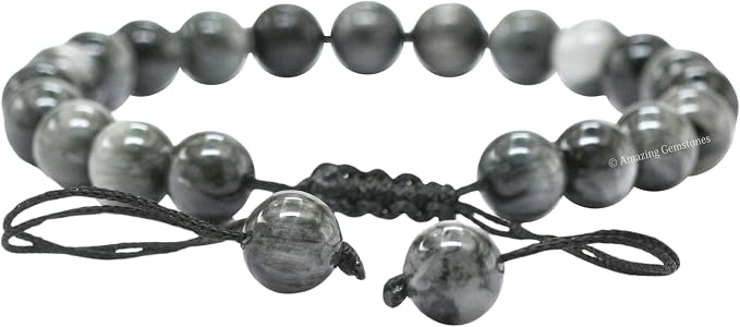 Amazing Gemstone Grey Cats Eye Bracelet, Gifts for Men & Women - Protection Healing Crystal Bracelet - 8mm Gemstone Beaded Adjustable Bracelet, Pulseras para Hombres Mujer Stocking Stuffers
