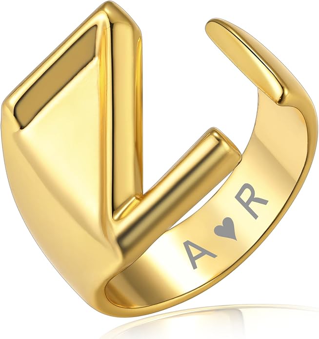 KeyStyle Bold Initial Letter Rings Adjustable, GoldChic Jewelry Women Gold Statement Ring Personalized Engraved Women’s Open Signet Ring for Party (Gold, White Gold, Black)