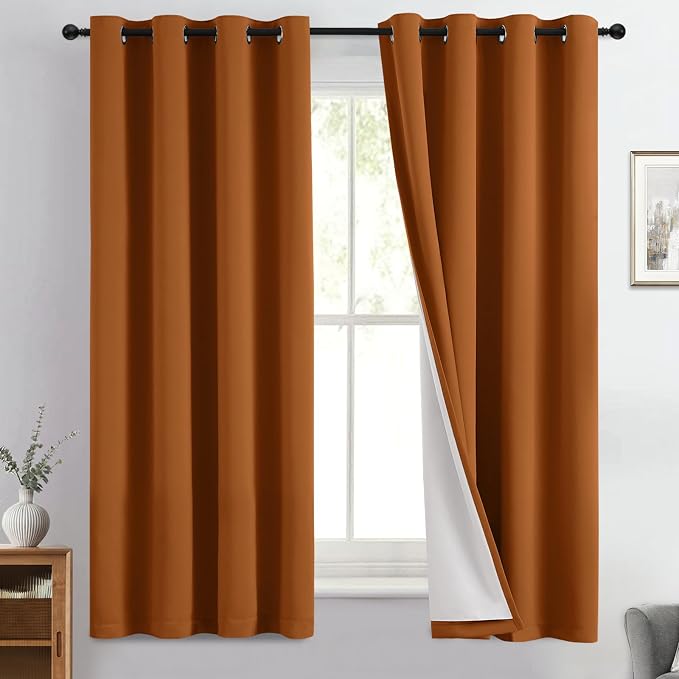Yakamok Burnt Orange 100% Blackout Curtains 63 Inches Long 50" Wide 2 PCS | Blackout Curtain Panels for Bedroom, 2 Thick Layers Grommet Top Thermal Insulated Drapes with White Back for Living Room