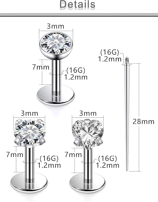 20G 18G 16G F316 Titanium Flat Back Nose Rings Studs Hypoallergenic Screw on Tragus Helix Cartilage Earrings Stud Piercing Jewerly for Women Men Bars 6mm