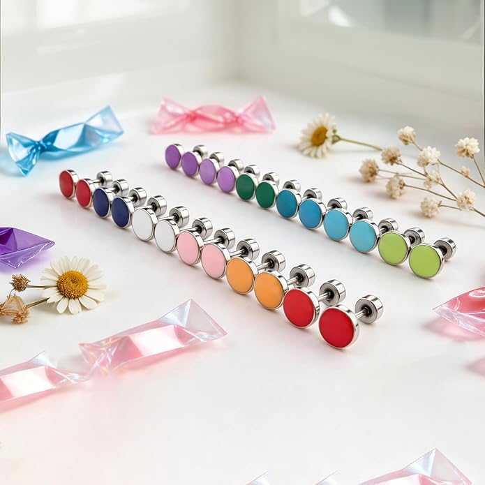 JMLOON 12 Pairs Enamel Flat Back Stud Earrings Surgical Stainless Steel Round Heart Star Square Hexagon Screw Back Stud Earrings