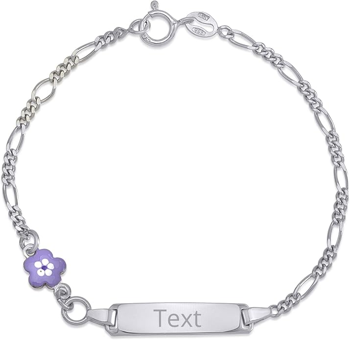 UNICORNJ 925 Italy Sterling Silver Child or Baby Name Bracelet Girls Boys, Personalized Engraved Kids ID Bracelets, 6.5" Figaro Chain, Enamel Charm Newborn Infant Toddler Kid Jewelry