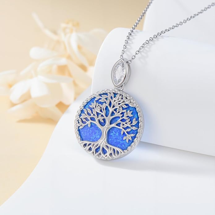 Tree of Life Moissanite Necklace, 925 Sterling Silver 0.5 Carat Moissanite Abalone Shell/Opal/Black Onyx/Turquoise/Malachite/Tiger Eye Stone Tree of Life Pendant Necklaces Jewelry Gift for Women Mom