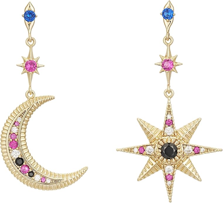 Sylph Gold Moon and Starburst Earrings for Women, Asymmetrical Stud Dangle Drop Earring, Boho Bohemian Jewelry for Everyday Wear