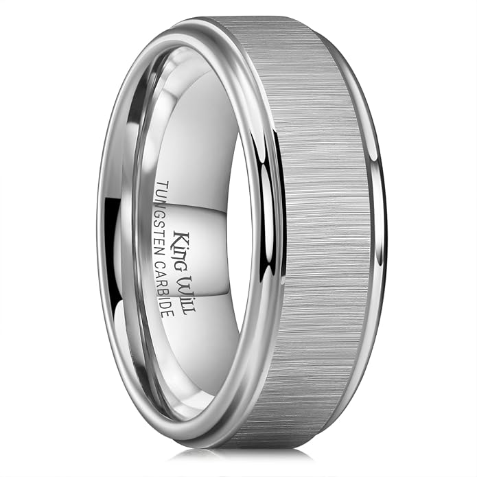 King Will Classic Tungsten Carbide Ring Brushed Two Grooved Center Hammered Design Mens Wedding Band for Men
