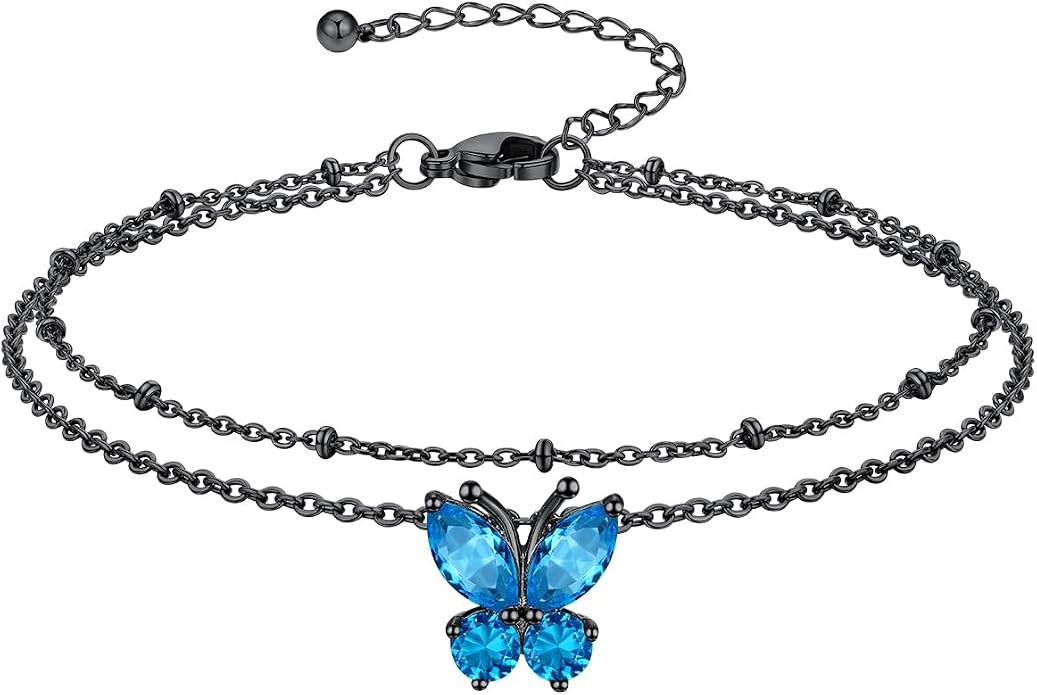 Richsteel Double Layer Heart/Butterfly Birthstone Anklet for Women Non Tarnish Waterproof, Silver/Gold/Black Stainless Steel 8.5-10.5 Inch Adjustable Chain Anklets Jewelry Gifts for Her