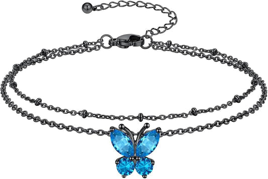 Richsteel Double Layer Heart/Butterfly Birthstone Anklet for Women Non Tarnish Waterproof, Silver/Gold/Black Stainless Steel 8.5-10.5 Inch Adjustable Chain Anklets Jewelry Gifts for Her