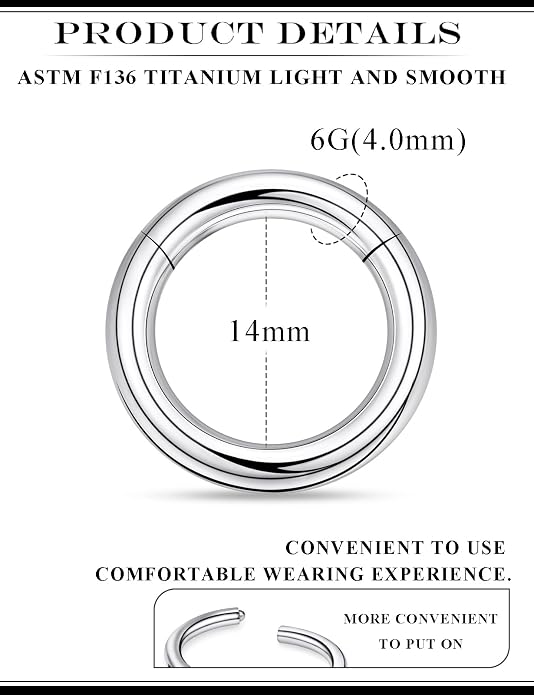 20G 18G 16G 14G 12G 10G 8G 6G 4G 2G Nose Rings Hoops Astm F136 Titanium Clicker Septum Lip Ring Tragus Helix Daith Rook Conch Snug Cartilage Lobe Earrings Hoop Piercing Jewelry For Women Men