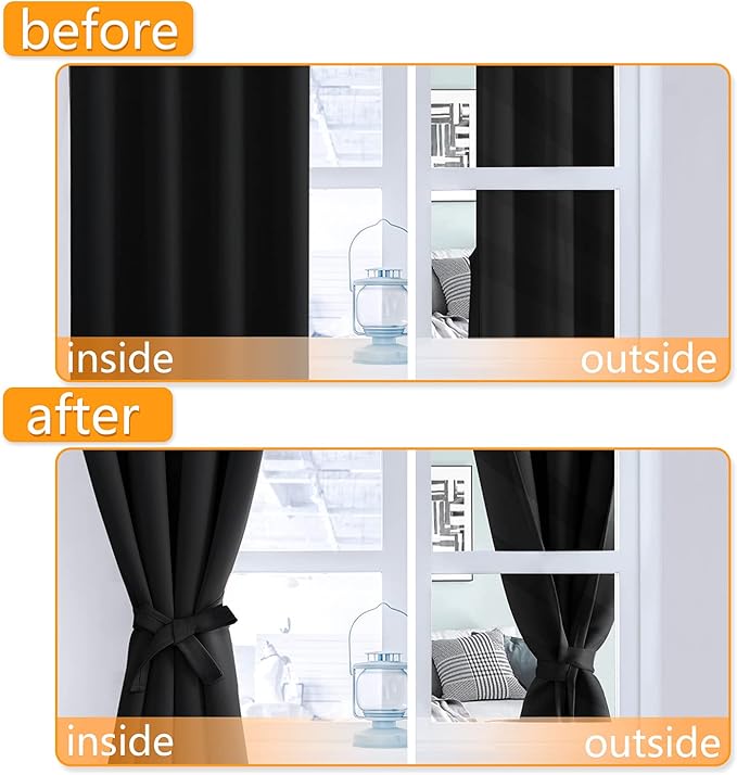 Hiasan Blackout Curtains for Bedroom, 52 x 63 Inches Length - Thermal Insulated & Light Blocking Window Curtains for Living Room, 2 Drape Panels Sewn with Tiebacks, Black