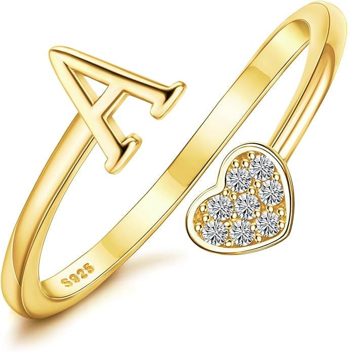 MILACOLATO 925 Sterling Silver Initial Rings for Women Teen Girl 18K Gold Plated Heart Initial Rings Adjustable Capital Letter Ring Stackable Thumb Pinky Rings for Daughter Birthday Bridesmaid Gifts Jewelry, A to Z