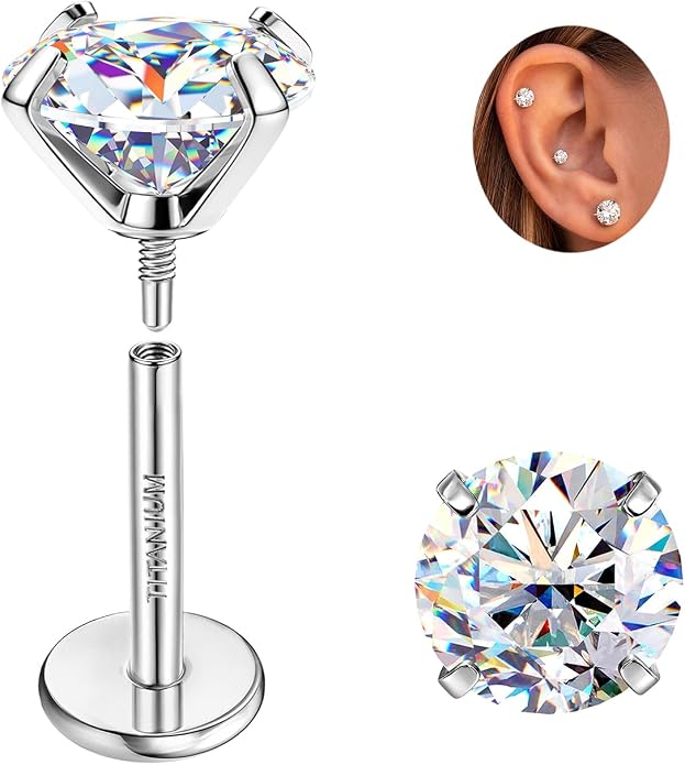GEMQUEEN Moissanite Earrings G23 Titanium Extended Internal Thread Flat Back Earrings Hypoallergenic Tragus Cartilage Helix Conch Piercing Jewelry for Women Men 18G 6/8mm Post Gray/D Color 0.2-3CT