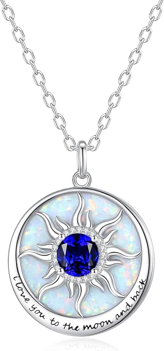 FANCIME Sunflower Necklace with Engraved Messgae 925 Sterling Silver Opal Gemstone Pendant Fine Jewelry Anniversary Birthday Gifts for Women Mom Wife Her, Chain Length 16+2 Inch