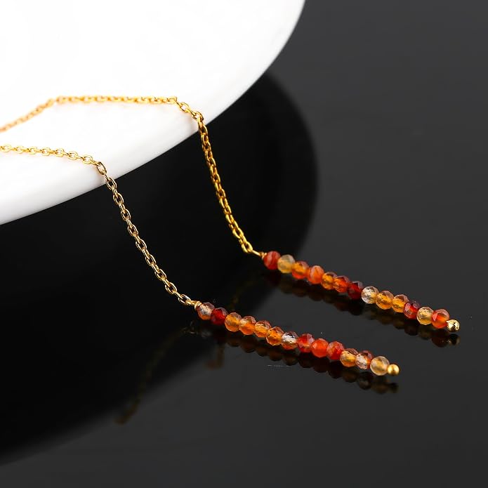 Natural Gemstone Threader Earrings for Women - Dainty 2mm Faceted Beads - Birthstone Crystal Drop Earrings - Silver Plated Healing Jewelry