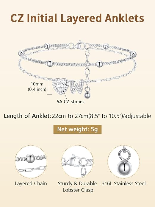 FindChic Silver/14K Gold Plated Layered CZ Initial Ankle Bracelet for Women | Waterproof Stainless Steel, Cubic Zirconia Letter Charm, Non-Tarnish, Hypoallergenic, Adjustable Extender, Summer Jewelry