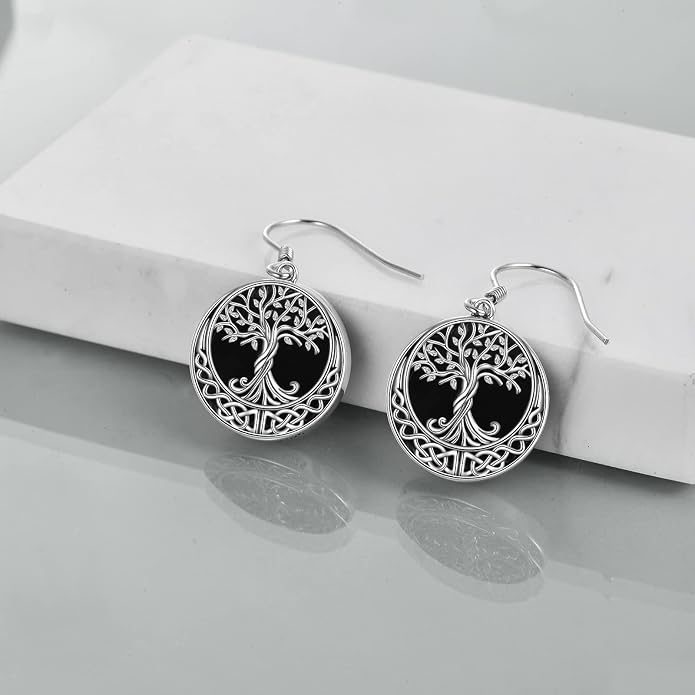 ONEFINITY Tree of Life Necklace/Earrings Sterling Silver Genuine Natural Black Onyx Jewelry Celtic Knot Family Tree Pendant Necklace for Women