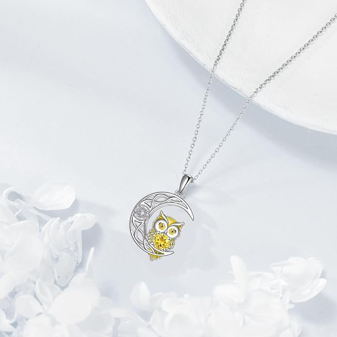 Owl Birthstone Necklace Sterling Silver Celtic Moon Pendant Cubic Zirconia Owls Jewelry Birthday Gifts for Women Men