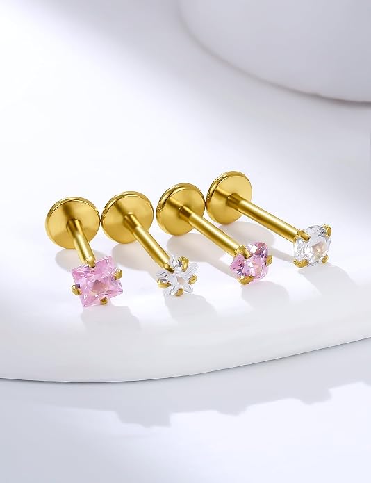 20G 18G 16G 14K Gold Filled Threadless Flat Back Earrings Studs Surgical Stainless Steel Opal CZ Nose Rings Studs Tragus Helix Conch Cartilage Earrings Piercing Jewelry For Women Men Silver
