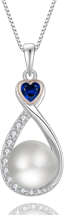 Heart Birthstone Pearl Pendant Necklace, 925 Sterling Silver Infinity Necklace with 10mm Freshwater Cultured Pearl & 4mm Gemstone Jewelry for Women