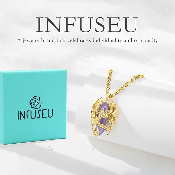 INFUSEU Unique Dragon Necklaces with Healing Crystal Stone for Men Women, Personalized Spiritual Gifts, 24 Inch Chain