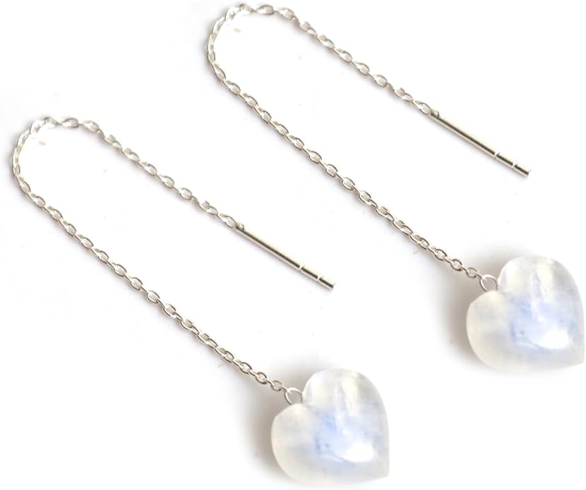 Gemstone Heart Shaped Threader Earrings in 925 Sterling Silver, Pull Through Adjustable, Versatile & Trendy, Perfect Valentine's Gift for Women, Choice of Gemstone Available