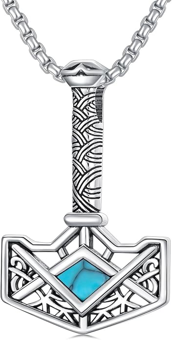PELOVNY Thor Hammer Necklace 925 Sterling Silver Turquoise/Snake Pendant Viking Jewelry for Anniversary Birthday Christmas Gifts Men Women