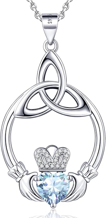 Gift Birthstone Necklaces for Women 925 Sterling Silver Irish Claddagh Necklace for Women Heart Birthstone Pendant Necklace Anniversary Birthday Gifts for Wife Lady Cable Chain 18"+2"