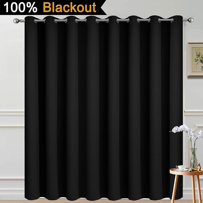 Yakamok Black 100% Blackout Patio Door Curtain Panels W100 x L84,1 Panel | Noise Reducing Barrier Panel for Sliding Glass Door, 2 Thick Layers Heat Full Light Blocking Patio Door Drapery