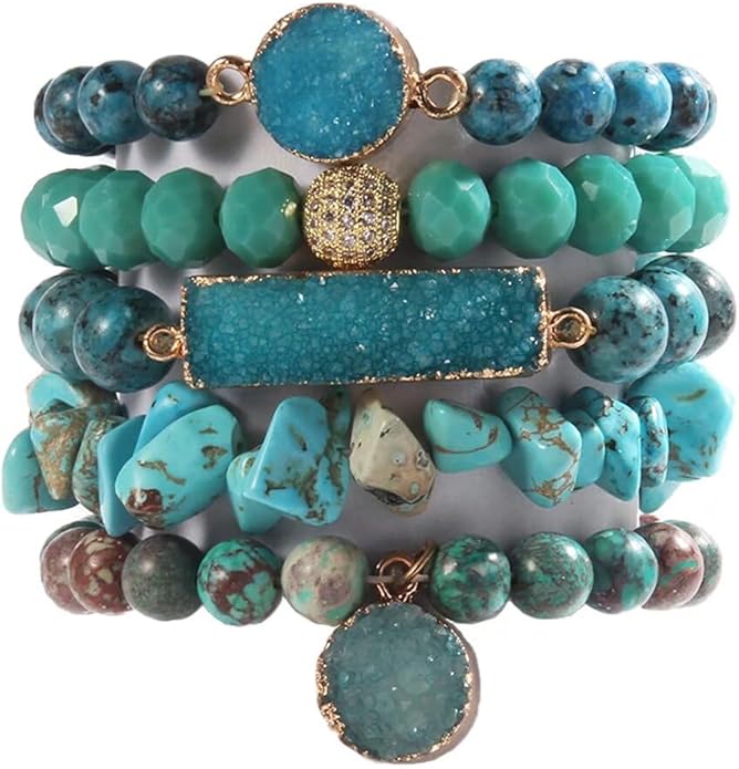 Yomisa 5PCS 6PCS Natural Boho Beaded Bracelets/Bangle for Women Men,Healing Turquoise Jasper Agate Crystal Gemstone Stone Chakra Multilayer Wrap Bohemian Handmade Jewelry Beads Stretch Bracelet Set