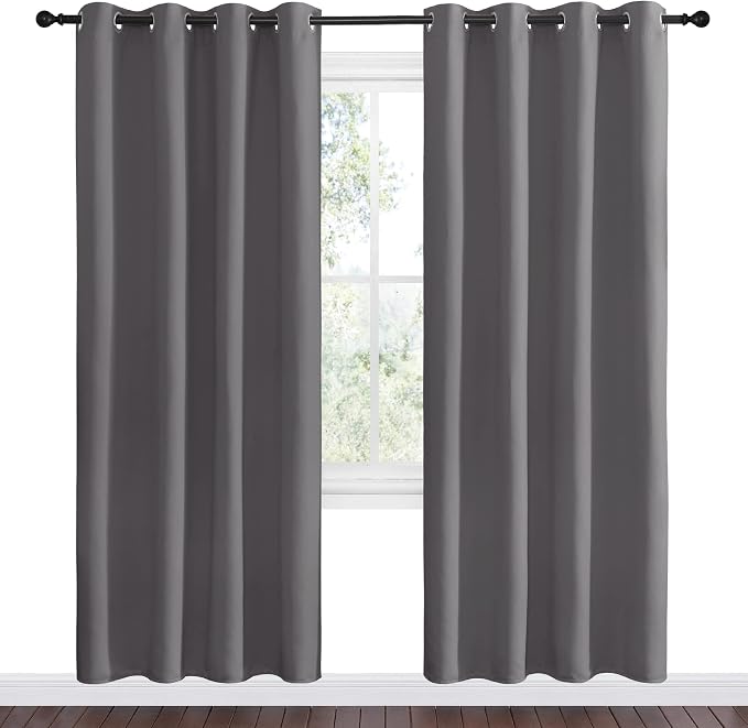 NICETOWN Blackout Curtains Panels for Bedroom - 3 Pass Microfiber Noise Reducing Thermal Insulated Solid Ring Top Blackout Window Drapes (2 Panels, 55 x 78 Inch, Gray)