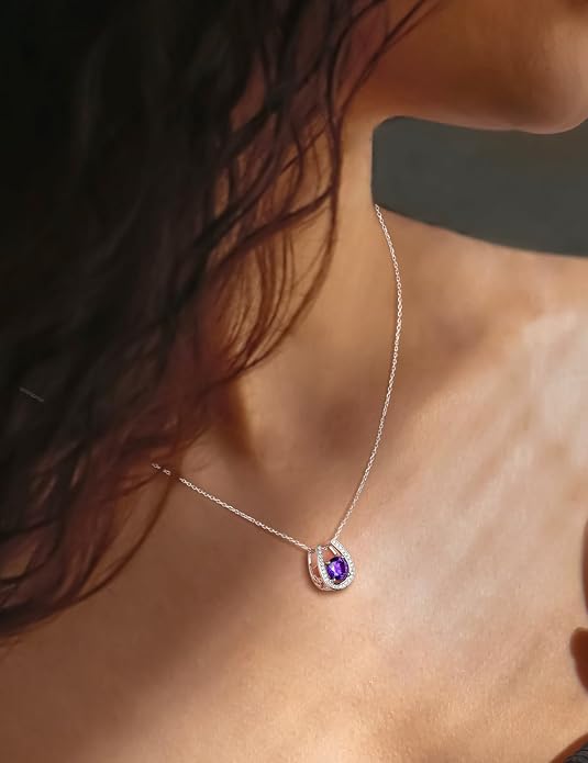 925 Sterling Silver Horseshoe Necklace for Women Round Gemstone Birthstone Necklace Sapphire/Emerald/Ruby/CZ Horse Shoe Pendant Necklaces Jewelry Gift