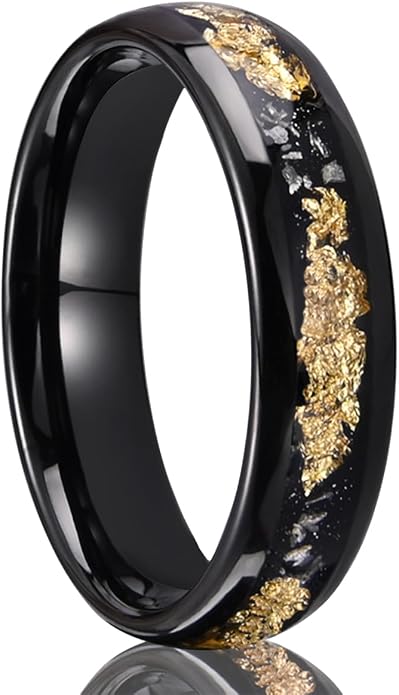 Black Tungsten Carbide Rings for Men Women 8mm/6mm Men's Wedding bands Inlaid with Gold Foil Meteorite Fragments, High Polishing and Comfortable fit