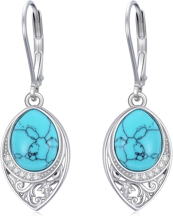 PROESS Filigree Teardrop Earrings S925 Sterling Silver Turquoise/Black Onyx/Peridot/Lapis Lazuli/Abalone Dangle Earrings Teardrop Jewelry for Women Mothers Day Birthday Christmas Gifts