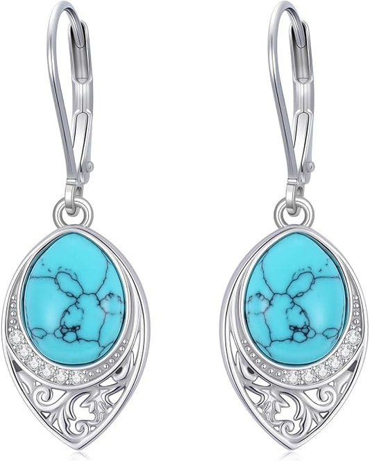 PROESS Filigree Teardrop Earrings S925 Sterling Silver Turquoise/Black Onyx/Peridot/Lapis Lazuli/Abalone Dangle Earrings Teardrop Jewelry for Women Mothers Day Birthday Christmas Gifts