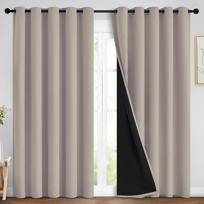 Yakamok Natural Blackout Curtains 84 Inches Long for Bedroom 70" Wide 2 PCS | Blackout Curtain Panels for Bedroom, 2 Thick Layers Grommet Top Thermal Insulated Drapes with Black Liner for Living Room