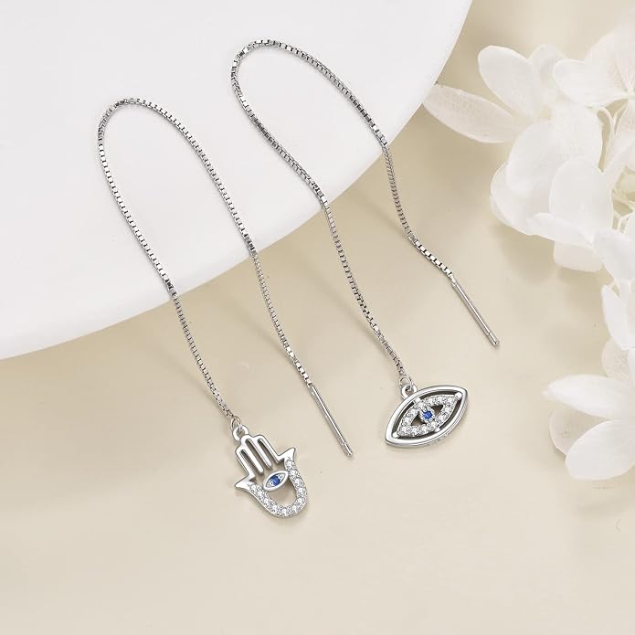 Sterling Silver Threader Earrings Flower Heart Moon Star Tiny Cube Rhombus Sector Beads Dream Catcher Evil Eye Butterfly Leaf Lightning Bolt Tassel Dangle Drop Chain Charm Earrings Jewelry Gifts for Women