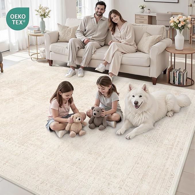 3x5 Area Rugs for Living Room: Vintage Boho Neutral Washable Rug Indoor Soft Large Area Rug Carpet for Bedroom Nursery Farmhouse Dining Room Office Floor Non-Slip Low Pile Under Table Rug Beige