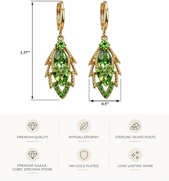 14K Gold Plated Dangle Drop Earrings, Hypoallergenic Cubic Zirconia Crystal Teardrop Leaf & Feather Earrings, Vintage Long Linear Threader Chandelier Statement Jewelry for Women Wedding Party Gifts