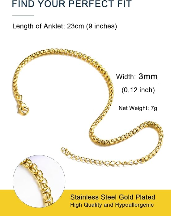 ChainsPro Resizable Anklet Chain for Women Men, Figaro/Wheat/Twist Rope/Cuban Foot Bracelet-Strong with Good Clasp-18K Gold Plated(Send Gift Box)
