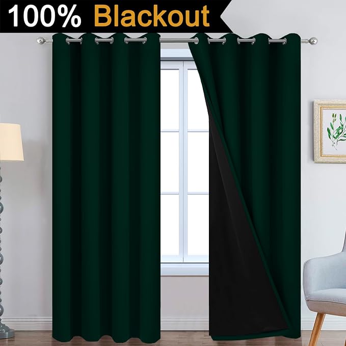 Yakamok Pine Tree Green 100% Blackout Curtains 96 Inches Long 52" Wide | Blackout Curtain Panels for Bedroom, 2 Thick Layers Grommet Top Thermal Insulated Drapes with Black Liner for Living Room