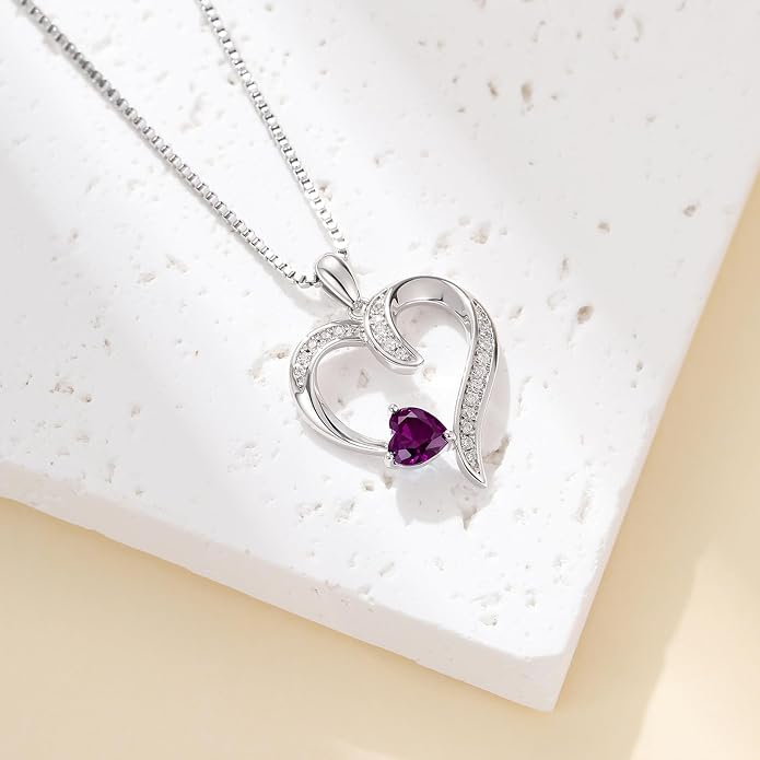 Love Heart Necklace for Women, 925 Sterling Silver Cubic Zirconia Birthstone Heart Pendant Jewelry Gift for Mom, Mother, Wife, Girlfriend on Birthday, Mother's Day, Chain 18 inch