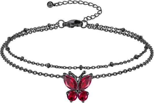 Richsteel Double Layer Heart/Butterfly Birthstone Anklet for Women Non Tarnish Waterproof, Silver/Gold/Black Stainless Steel 8.5-10.5 Inch Adjustable Chain Anklets Jewelry Gifts for Her