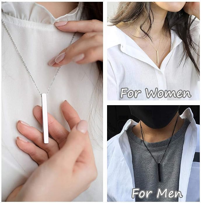 4 Sided Bar Necklace Personalized, Handmade Sterling Silver 3D Vertical Engraved Name Necklace Coordinate Jewelry Christmas Anniversary Gifts for Men, Women