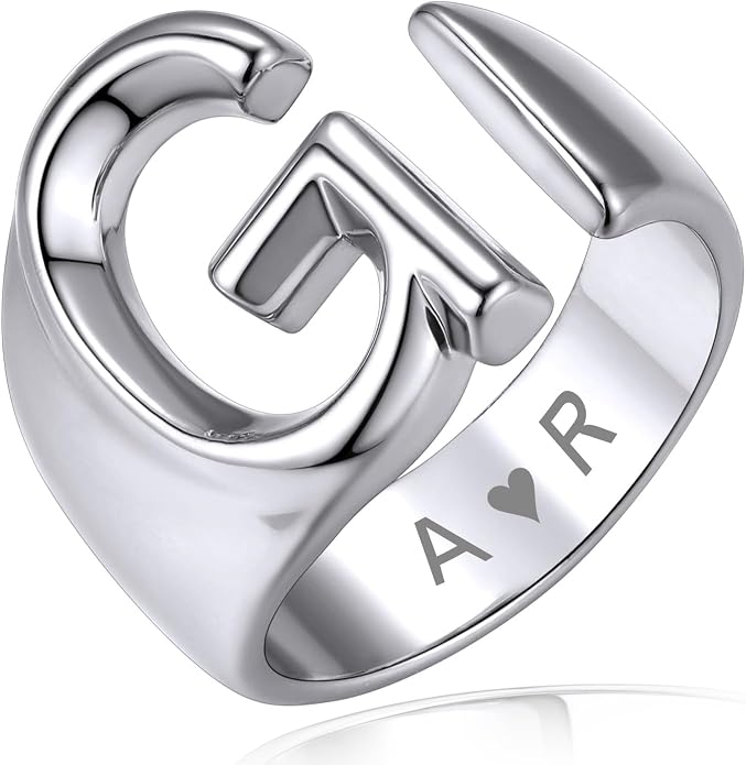 KeyStyle Bold Initial Letter Rings Adjustable, GoldChic Jewelry Women Gold Statement Ring Personalized Engraved Women’s Open Signet Ring for Party (Gold, White Gold, Black)
