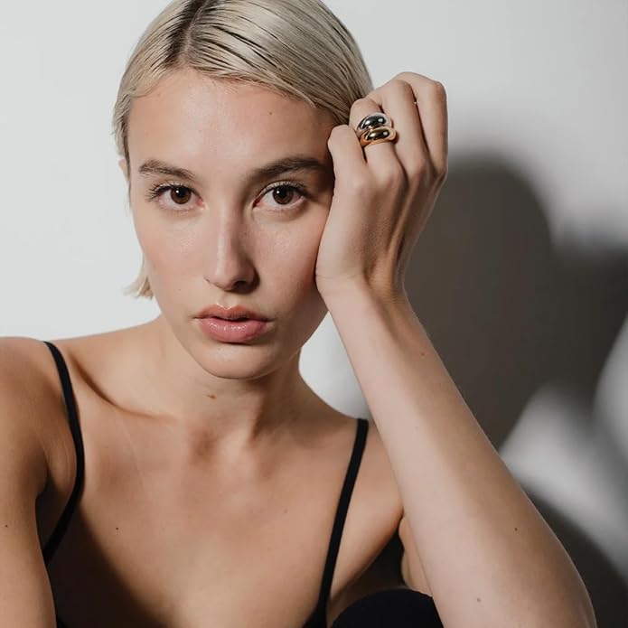NOKMIT Chunky Dome Rings for Women Dainty 14K Gold Silver Tone Cute Bold Dome Statement Ring Thick Minimalist Thumb Band High Polished Smooth Comfort Fit Size 5-10
