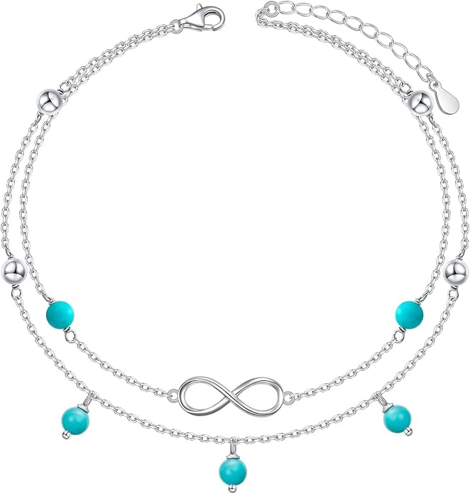Flyow Anklet for Women S925 Sterling Silver Adjustable Foot Beaded Heart Charm Ankle Bracelet Anklets Jewelry