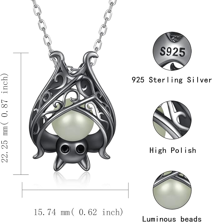APOTIE 925 Sterling Silver Bat Necklace Bracelet Cute Animal Glowing in the Dark Halloween Jewelry Gift for Women Girl