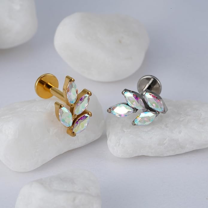FINE4U 1PC Leaf Flat Back Stud Flat, Helix, Conch, Tragus 6mm 8mm - ASTM F136 Titanium Screw on Body Piercing Jewelry