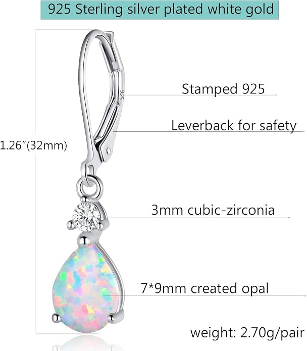 925 Sterling Silver Blue Topaz/Amethyst/Rainbow Quartz CZ Teardrop Leverback Earrings Drop Dangly Gemstone Earings Hypoallergenic Birthday Jewelry Gifts for Women