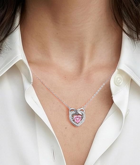 Trendy Dainty Infinity Birthstone Necklace, Dancing Heart 18K White Gold Plated 925 Sterling Silver Heart Necklace, Romantic Love Jewelry Graduation Gifts for Women Her