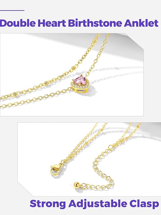 Richsteel Double Layer Heart/Butterfly Birthstone Anklet for Women Non Tarnish Waterproof, Silver/Gold/Black Stainless Steel 8.5-10.5 Inch Adjustable Chain Anklets Jewelry Gifts for Her